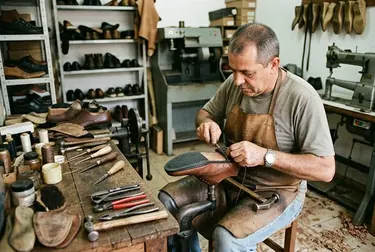 Profissional realizando a troca do solado de um sapato.
