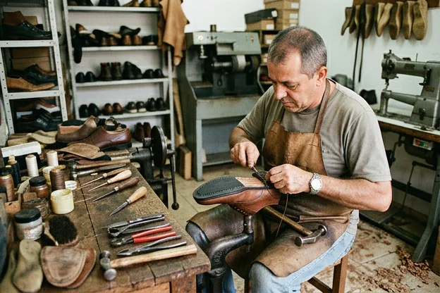 Profissional realizando a troca do solado de um sapato.