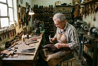 Sapateiro reformando sapatos sociais para um acabamento refinado.