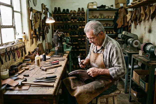 Sapateiro reformando sapatos sociais para um acabamento refinado.