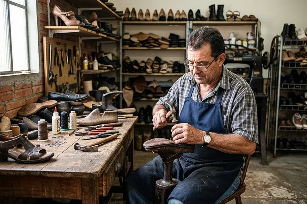 Profissional consertando uma sandália, focando no detalhes do trabalho.