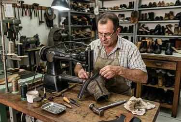 Sapateiro consertando o zíper de uma bota.