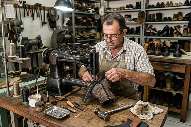 Sapateiro consertando o zíper de uma bota.