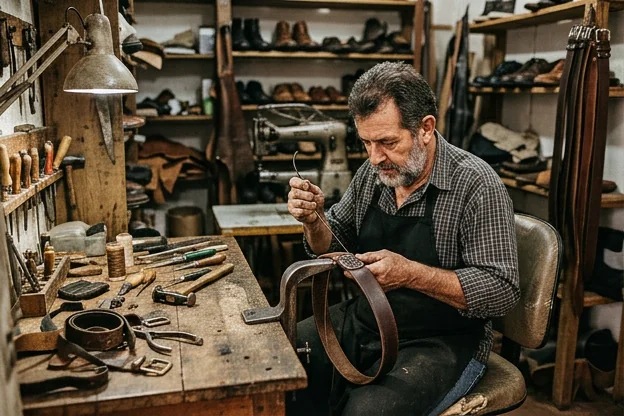 Sapateiro consertando um cinto de couro com técnicas profissionais.