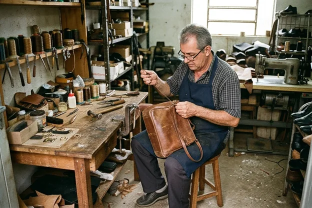 Profissional reformando uma bolsa de couro com técnica especializada.
